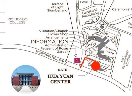 Map showing Gate 1 entrance and Hua Yuan Center location at Rose Hills